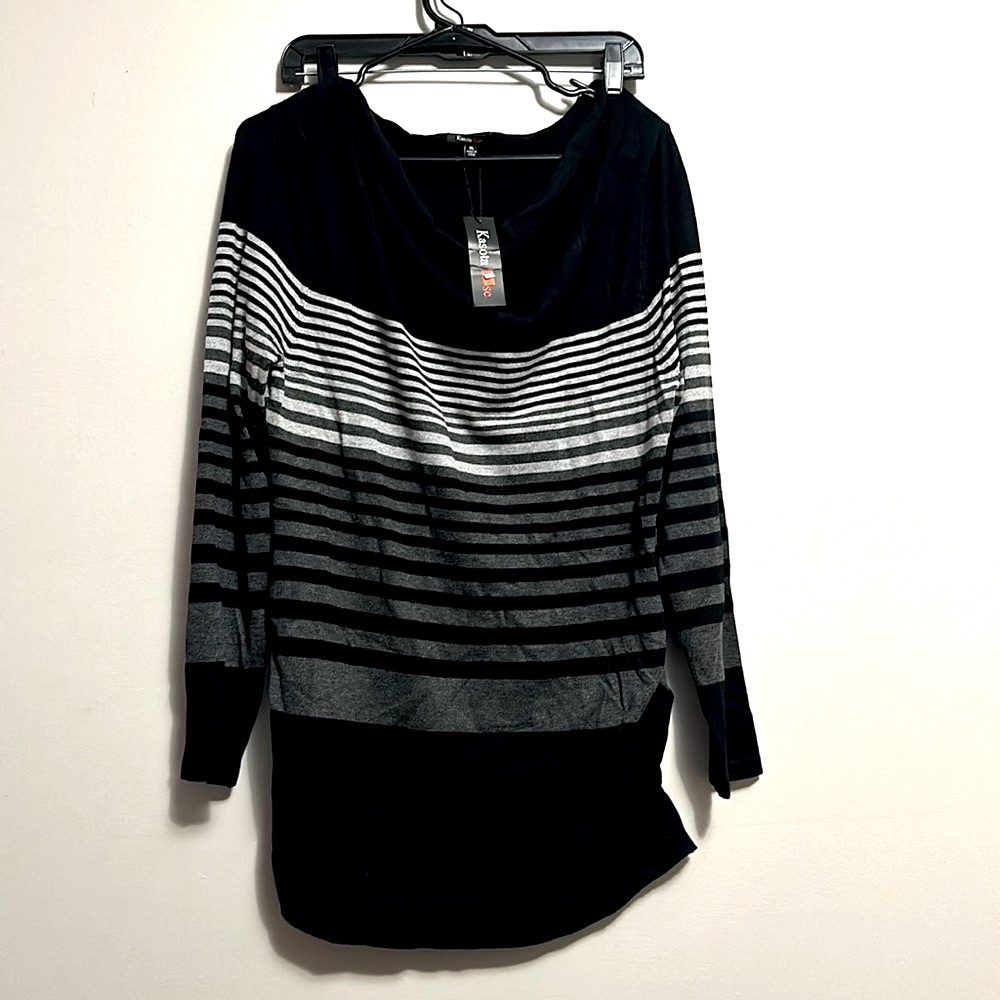 Kasota Rose cowl neck black gray striped tunic XL new